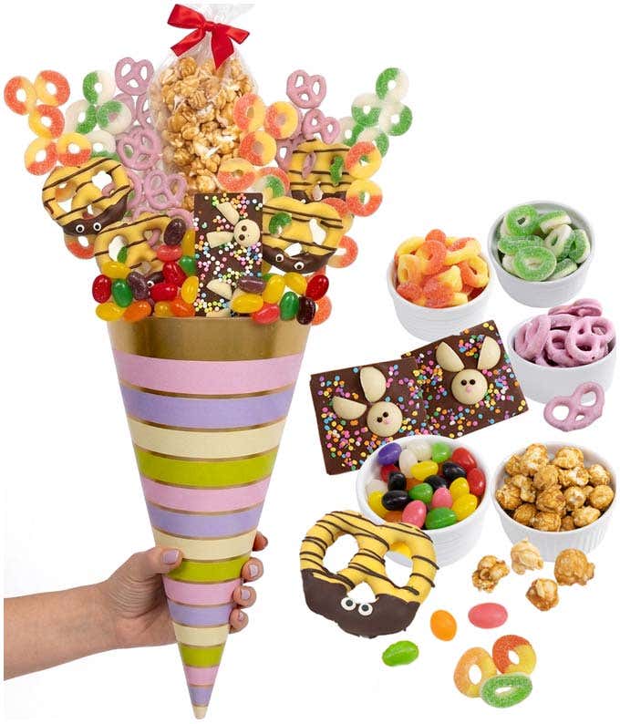 Cone Height 22in.. Candies and chocolates are packaged inside the cone for freshness.  The bouquet-style display is for visual presentation only.