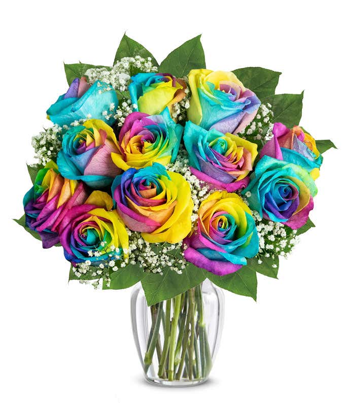 Wild rainbow roses bouquet with optional glass vase and personalized apology message.