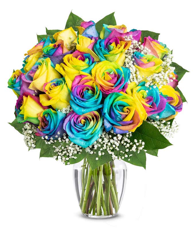 Bouquet of two dozen wild rainbow roses with optional glass vase and personalized apology message.