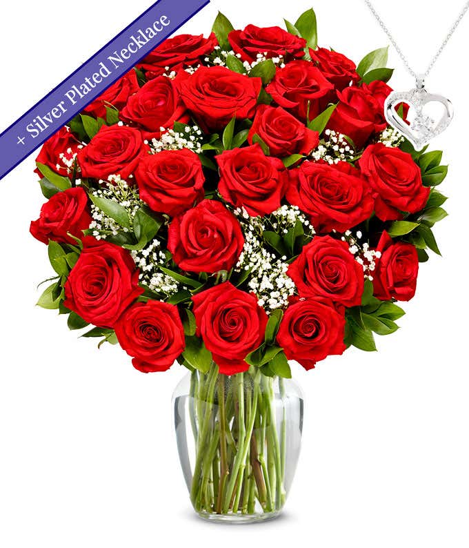 Two Dozen Red Roses with Sterling Silver Heart Necklace