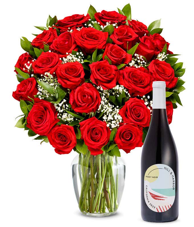 Two Dozen Red Roses with Red Wine