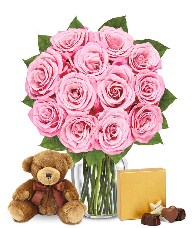 One dozen pink roses, teddy bear and box of chocolates