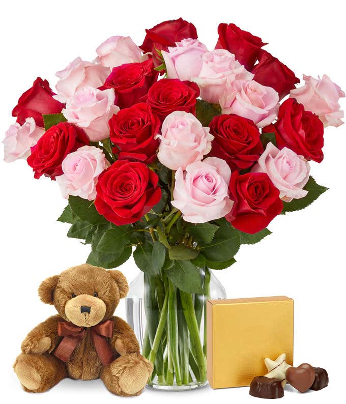 Unique Valentine's gift with two dozen pink & red roses delivered  with teddy bear and chocolates