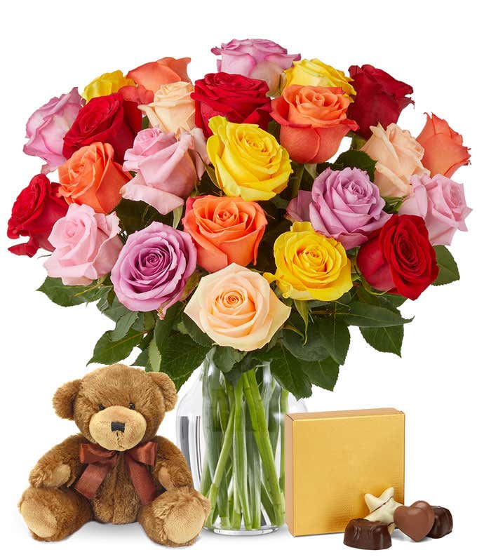 Two Dozen Rainbow Roses with Chocolates & Bear