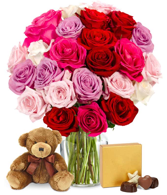 Two Dozen Assorted Sweetheart Roses with Chocolates & Bear