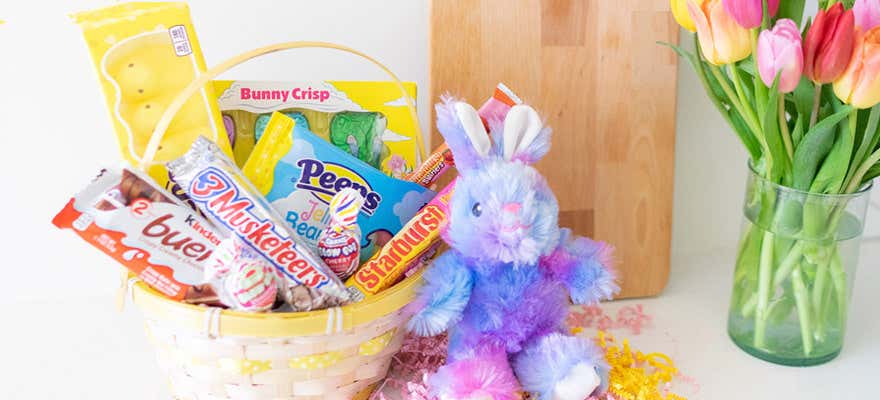 Easter basket with tulips on a counter