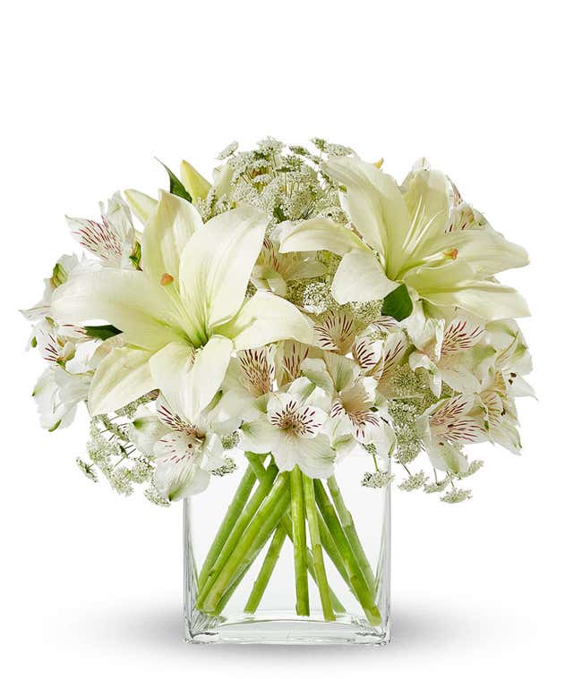 Elegant white floral arrangement featuring white lilies, white alstroemeria, and Queen Anne's lace in a clear cube vase.