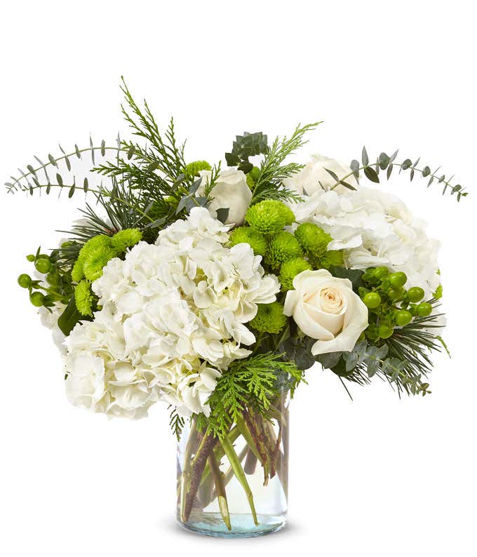 Bouquet of white hydrangeas, white roses, green button poms, green hypericum berries, and assorted evergreen foliage arranged in a clear glass cylinder vase.