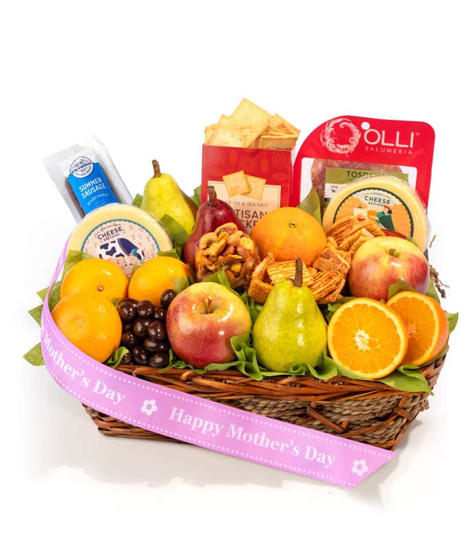 Image: Savory Delights Mother's Day Gift Basket featuring 2 D'Anjou Pears, 1 Crimson Red Pear, 2 Braeburn Apples, 1 Granny Smith Apple, 1 Bosc Pear, 2 Navel Oranges, 3 Mandarins, 1 Fruit in Season, 10 oz. Artichoke Cheese Dip, 4 oz. Olli sliced Salami, 3 