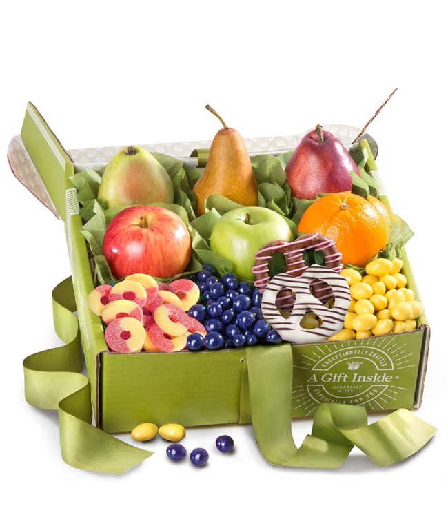 Springtime Gift Box: D'Anjou Pears, Red Pear, Braeburn Apples, Granny Smith Apple, Navel Oranges, Chocolate Dipped Spring Pretzels, Lemon Cr&egrave;me Almonds, Gummy Peach Rings, Chocolate Covered Dried Blueberries, Assorted Ghirardelli Chocolate Squares.