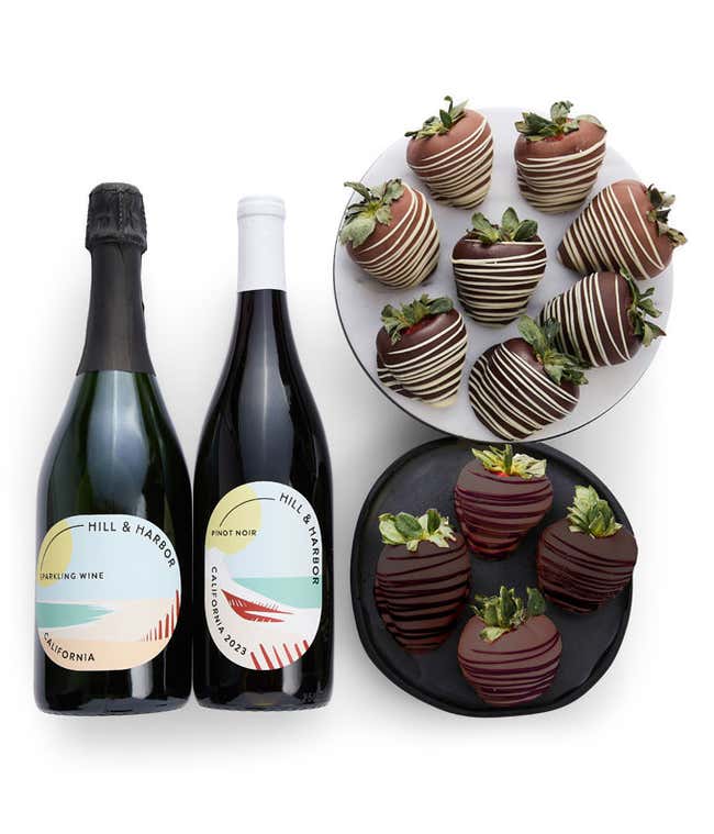 One dozen chocolate covered strawberries and two bottles of wine by Hill and Harbor - Pinot Noir and Sparkling Wine