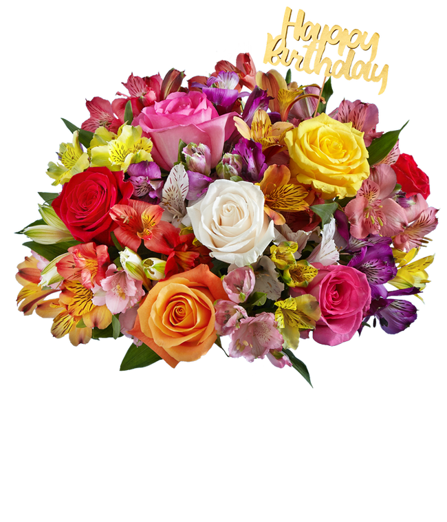 Partial image of Roses and alstroemeria arranged in assorted colors without vase.