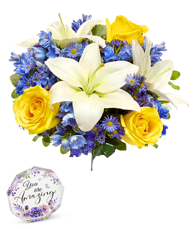 Partial image of An elegant floral arrangement featuring white Asiatic lilies, yellow roses, blue delphinium, and purple Monte Casino, optionally arranged in a glass vase. This vibrant mix offers a stunning and colorful display. without vase.